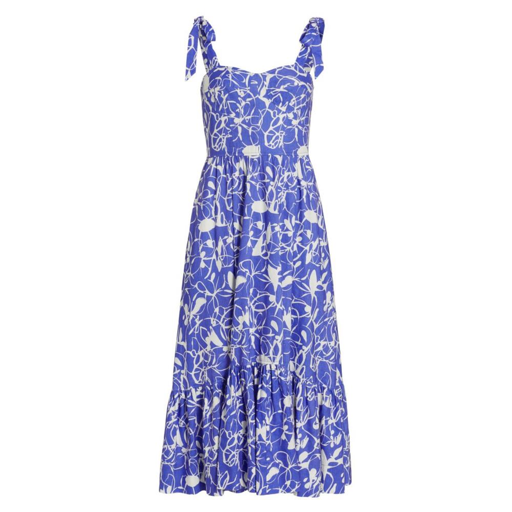 Jonathan Simkhai Georgia Bustier Linen Midi Dress Amalfi Abstract Floral Blue